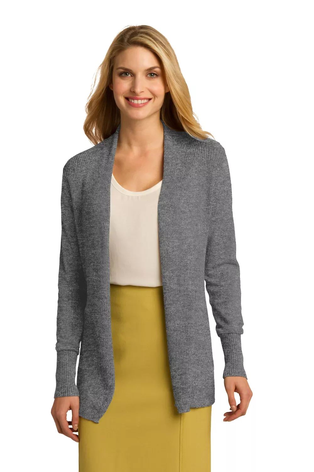Port Authority Womens Long Sleeve Cardigan Sweater - Heather Medium Grey - Closeout