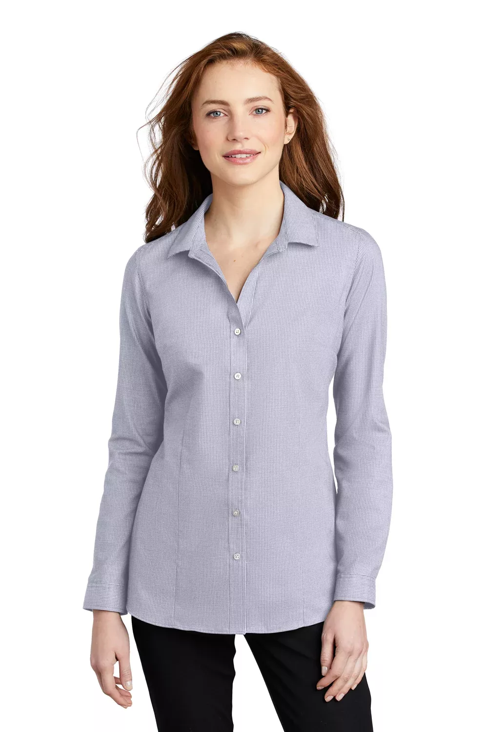 Port Authority Womens Pincheck Wrinkle Resistant Long Sleeve Button Down Shirt - Gusty Grey/White - Closeout