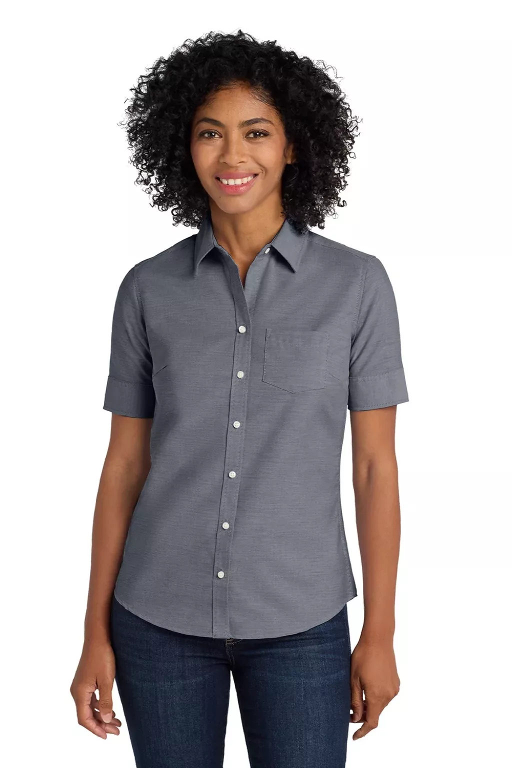 Port Authority Womens SuperPro Oxford Wrinkle Resistant Short Sleeve Button Down Shirt w/ Pocket - Black