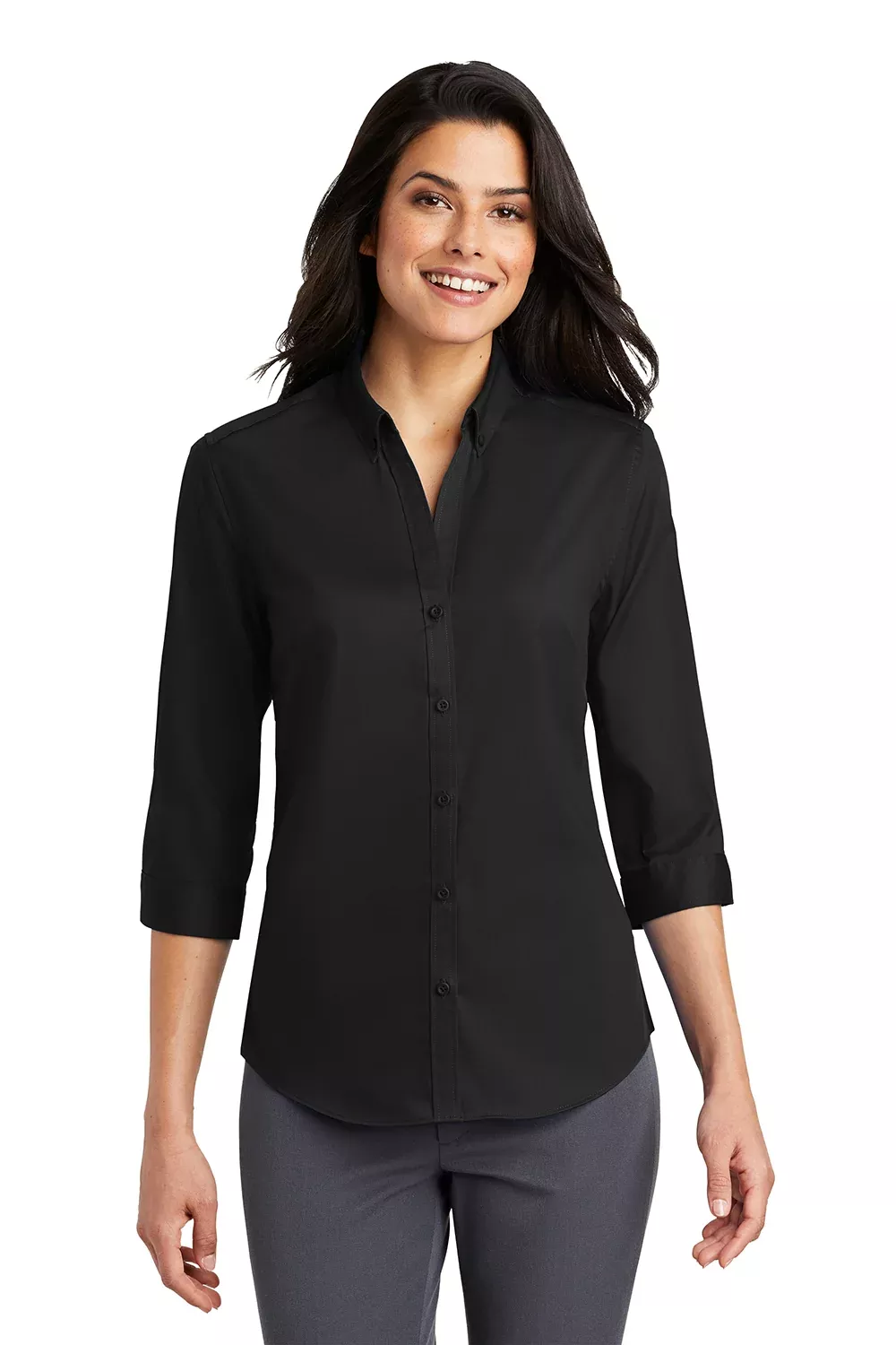 Port Authority Womens SuperPro Wrinkle Resistant 3/4 Sleeve Button Down Shirt - Black