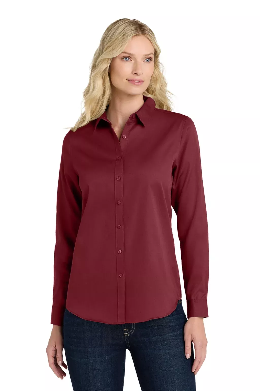 Port Authority Womens SuperPro Wrinkle Resistant React Long Sleeve Button Down Shirt - Burgundy