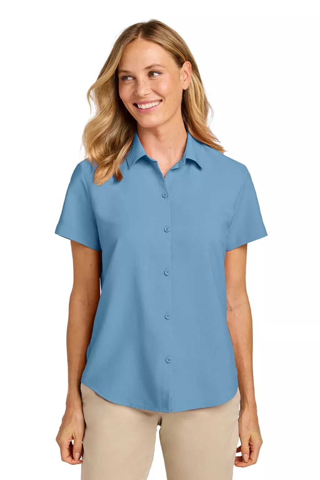 Port Authority Womens UV Dockside Moisture Wicking Short Sleeve Button Down Shirt - Carolina Blue