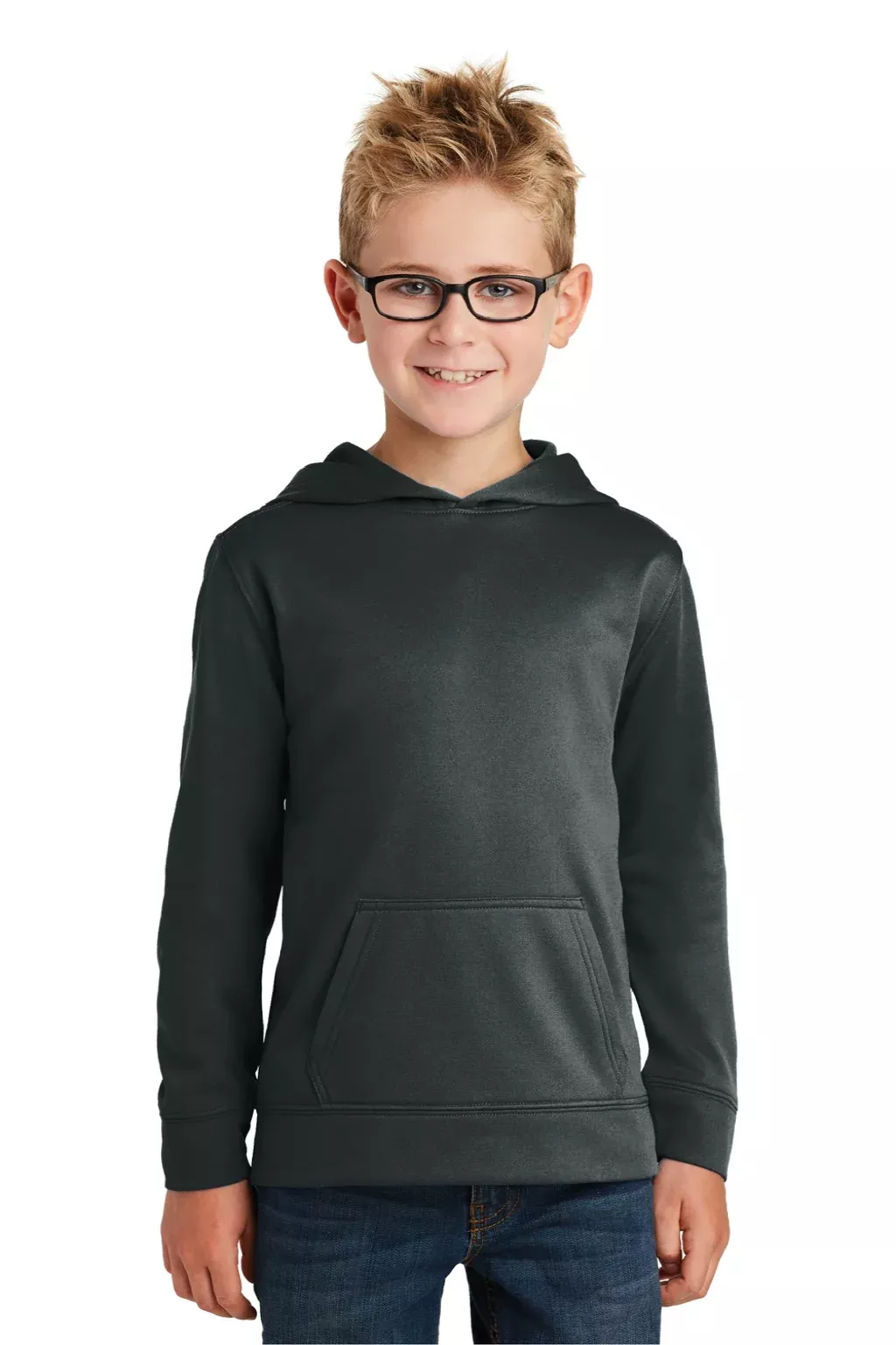 Port & Company Youth Dry Zone Performance Moisture Wicking Fleece Hooded Sweatshirt Hoodie w/ Pouch Pocket - Jet Black