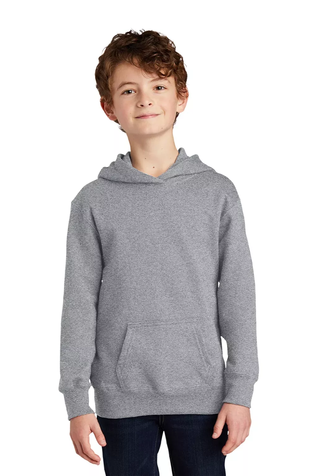 Port & Company Youth Fan Favorite Fleece Hooded Sweatshirt Hoodie w/ Pouch Pocket - Heather Dark Grey