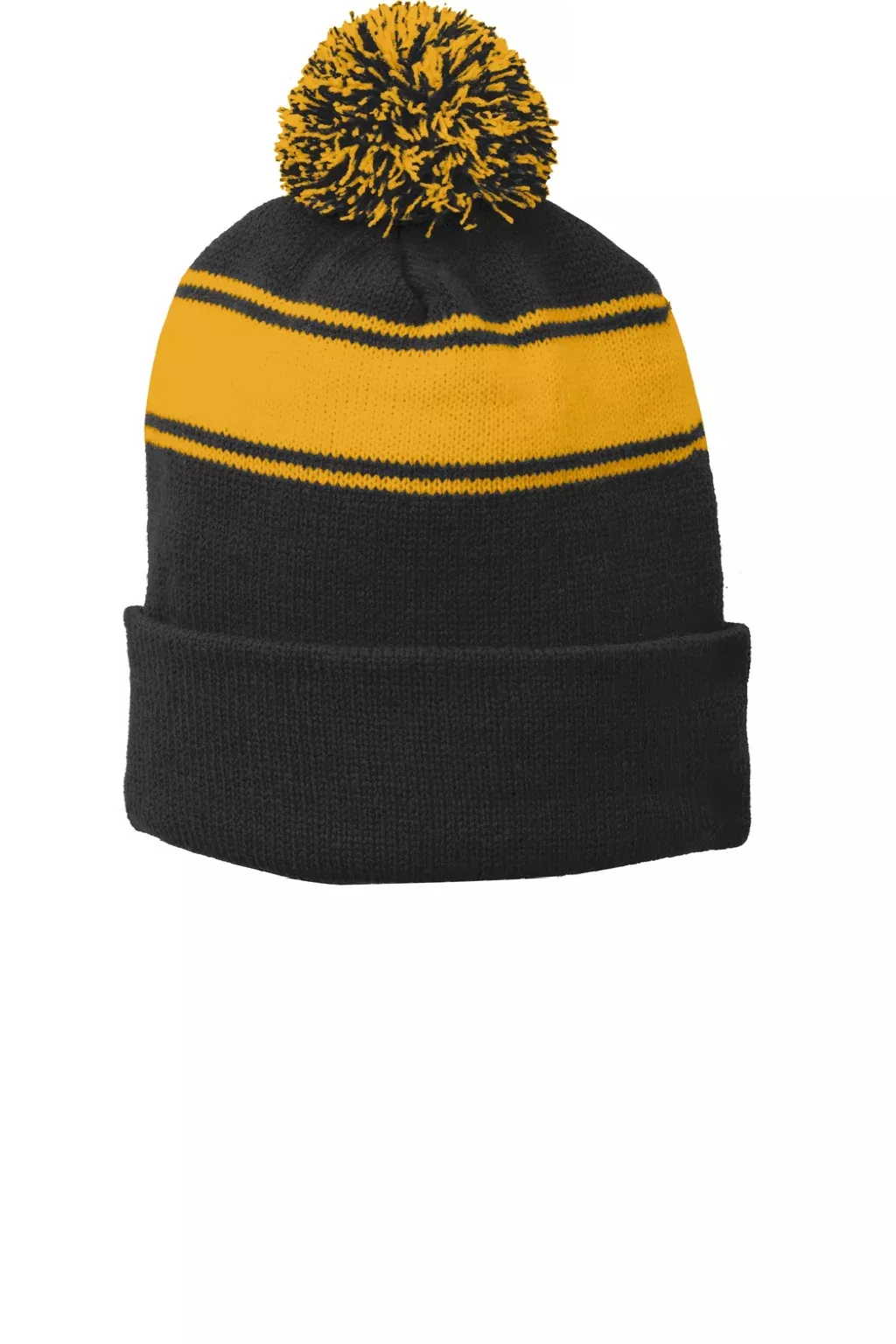 Sport-Tek Hats Unisex Stripe Pom Pom Beanie - Black/Gold