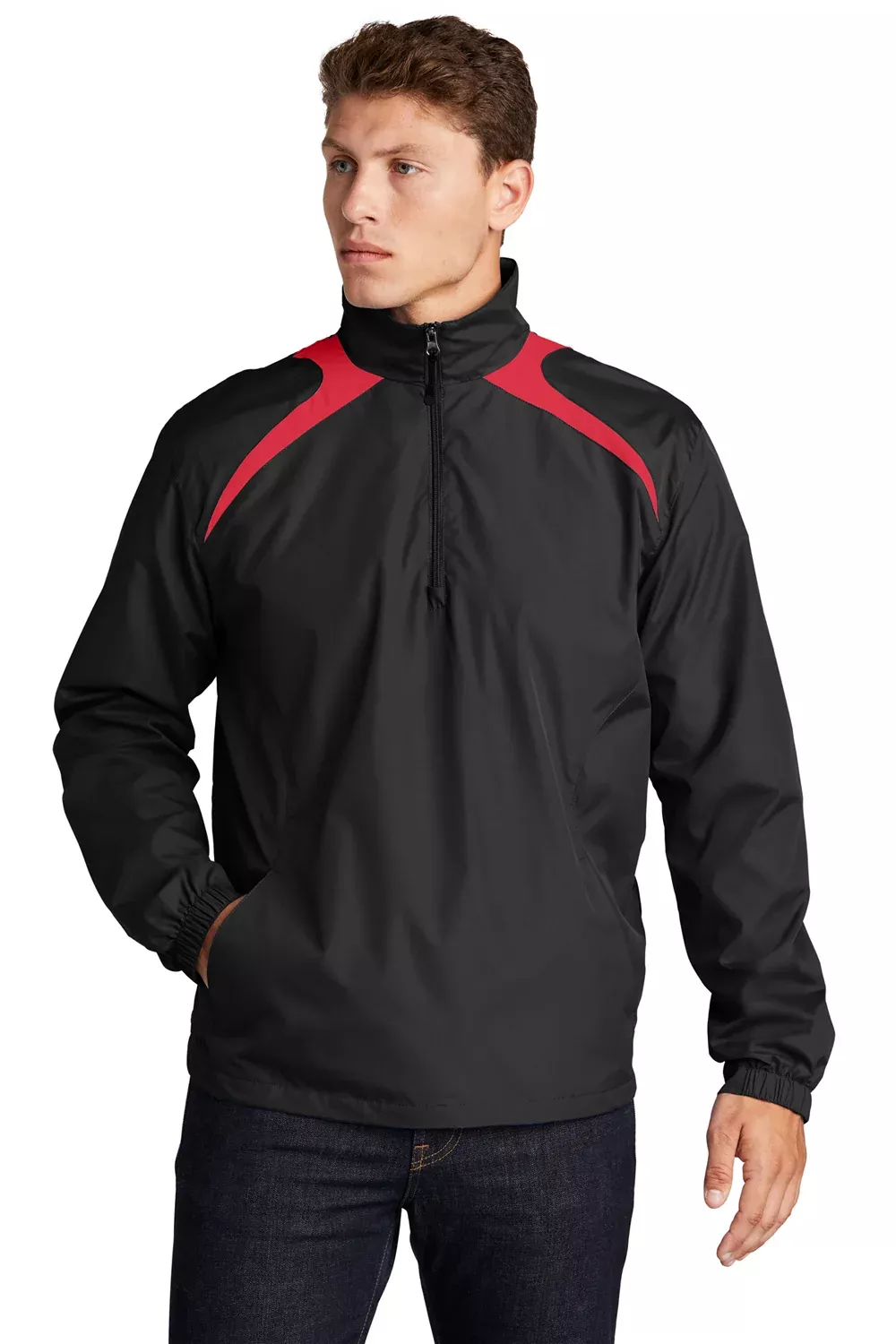 Sport-Tek Mens Water Resistant 1/4 Zip Wind Jacket - Black/True Red - Closeout