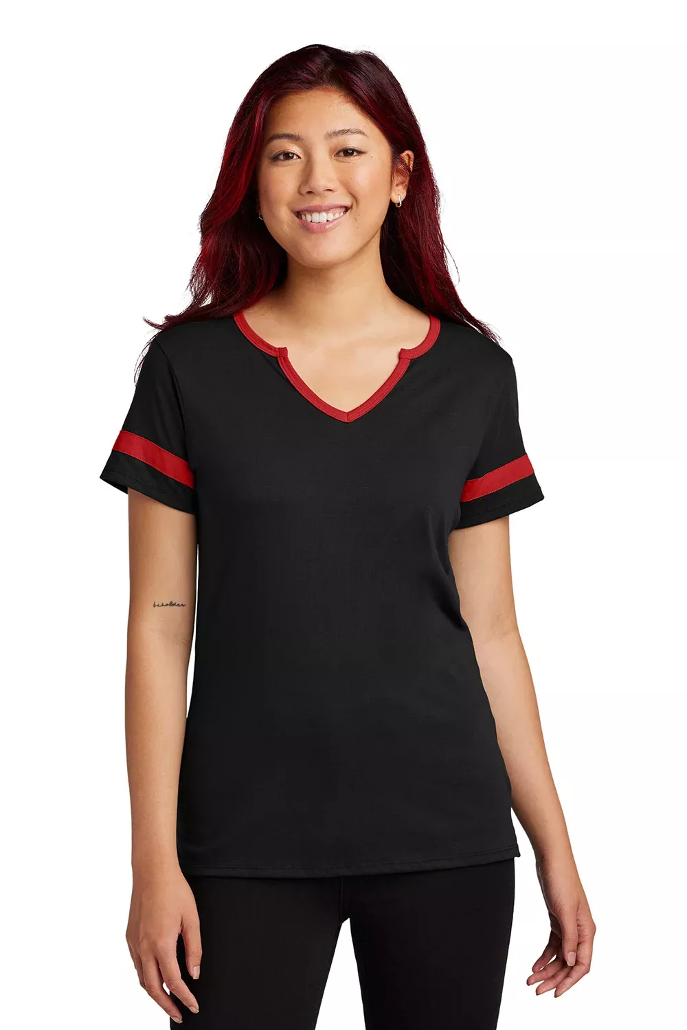Sport-Tek Womens Halftime Notch Neck Short Sleeve T-Shirt - Black/Deep Red