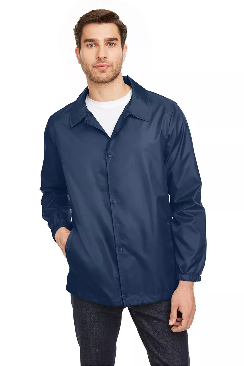 Team 365 Mens Zone Protect Water Resistant Snap Down Coaches Jacket - Dark Navy Blue