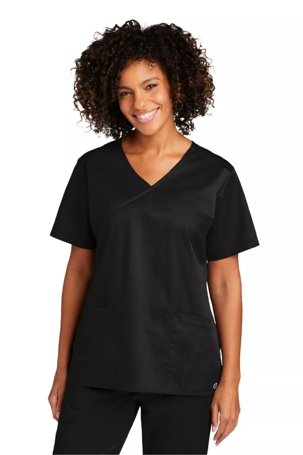 Wonderwink Womens WorkFlex Short Sleeve V-Neck Mock Wrap Shirt w/ Pockets - Black