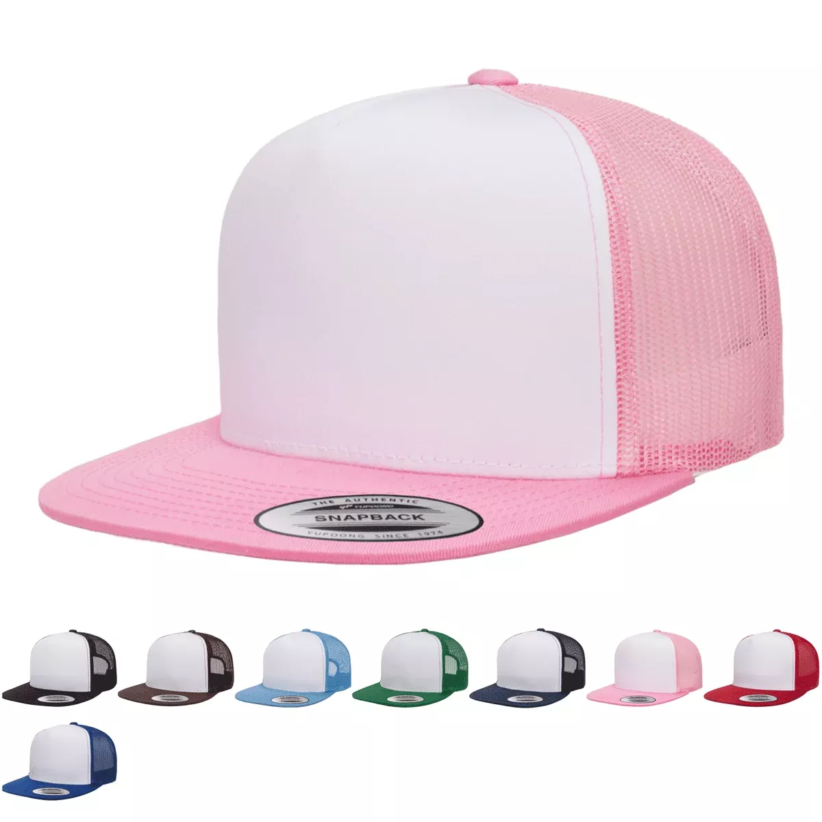 Yupoong 6006W Trucker Snapback Hat Flat Bill, White Front, YP Classics 6006 - Blank